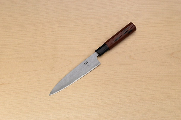 Sakai Genkichi Warikomi White steel 3 Petty knife 150mm (4.8) Magnolia Wood with Negoro-Nuri Urushi Lacque Sakai Genkichi Warikomi White steel 3 Petty knife 150mm (4.8) Magnolia Wood with Negoro-Nuri Urushi Lacque