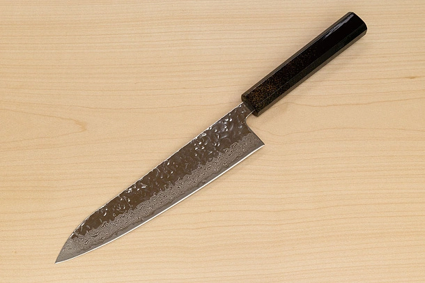 Hokiyama Sakon AUS10 Hammered shiny Damascus 210mm (8.3") Gyuto knife with Gold Dust Urushi lacquered Magnolia Wood octagon handle Hokiyama Sakon AUS10 Hammered shiny Damascus 210mm (8.3") Gyuto knife with Gold Dust Urushi lacquered Magnolia Wood octagon handle