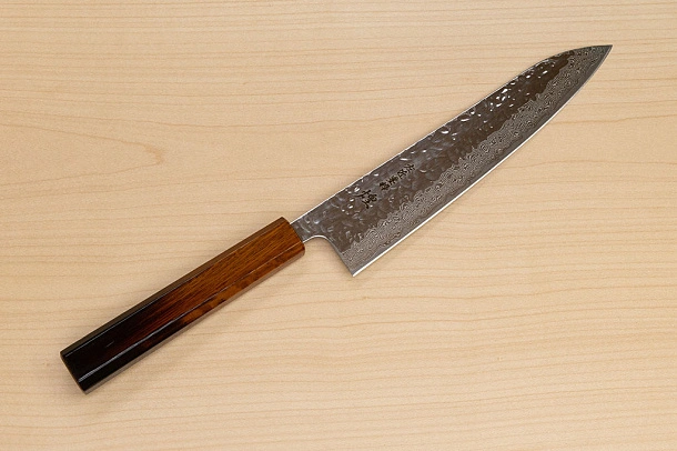 Hokiyama Sakon AUS10 Hammered shiny Damascus 210mm (8.3") Gyuto knife with Burnt pattern Urushi lacquered Magnolia Wood octagon handle Hokiyama Sakon AUS10 Hammered shiny Damascus 210mm (8.3") Gyuto knife with Burnt pattern Urushi lacquered Magnolia Wood octagon handle