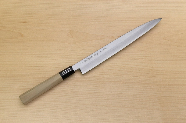 Sakai Genkichi White steel 2 Yanagiba Sashimi Knife 270 (10.6) Magnolia Wood handle with buffalo horn Sakai Genkichi White steel 2 Yanagiba Sashimi Knife 270 (10.6) Magnolia Wood handle with buffalo horn
