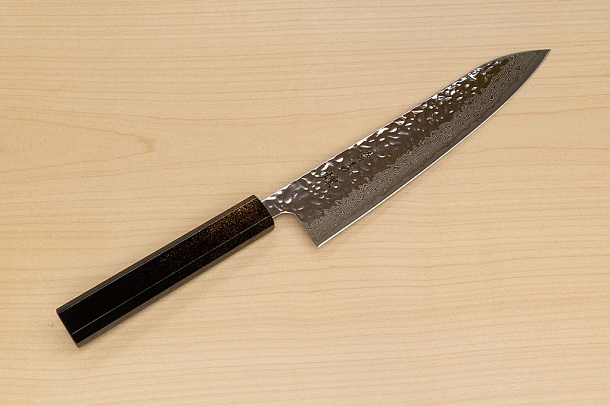 Hokiyama Sakon AUS10 Hammered shiny Damascus 210mm (8.3") Gyuto knife with Gold Dust Urushi lacquered Magnolia Wood octagon handle Hokiyama Sakon AUS10 Hammered shiny Damascus 210mm (8.3") Gyuto knife with Gold Dust Urushi lacquered Magnolia Wood octagon handle