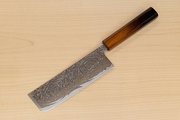 Hokiyama Sakon Bokusui AUS10 ROU-Wave Damascus 165mm (6.5") Nakiri knife with Burnt pattern Urushi lacquered Magnolia Wood octagon handle Hokiyama Sakon Bokusui AUS10 ROU-Wave Damascus 165mm (6.5") Nakiri knife with Burnt pattern Urushi lacquered Magnolia Wood octagon handle