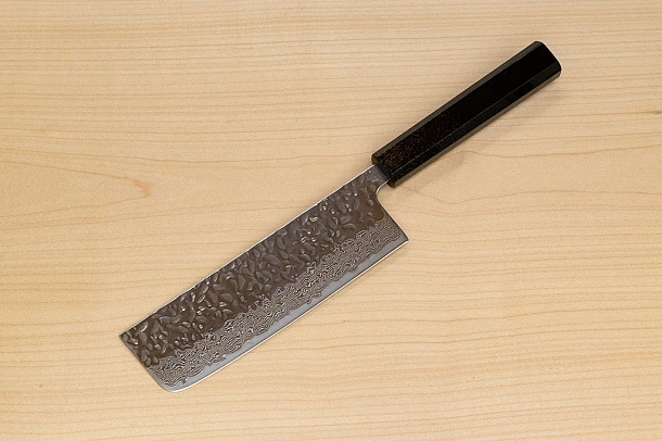 Hokiyama Sakon AUS10 Hammered shiny Damascus 165mm (6.5") Nakiri knife with Gold Dust Urushi lacquered Magnolia Wood octagon handle Hokiyama Sakon AUS10 Hammered shiny Damascus 165mm (6.5") Nakiri knife with Gold Dust Urushi lacquered Magnolia Wood octagon handle