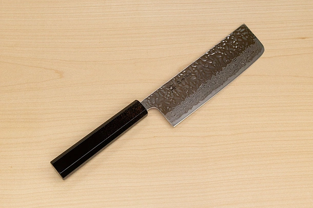 Hokiyama Sakon AUS10 Hammered shiny Damascus 165mm (6.5") Nakiri knife with Gold Dust Urushi lacquered Magnolia Wood octagon handle Hokiyama Sakon AUS10 Hammered shiny Damascus 165mm (6.5") Nakiri knife with Gold Dust Urushi lacquered Magnolia Wood octagon handle