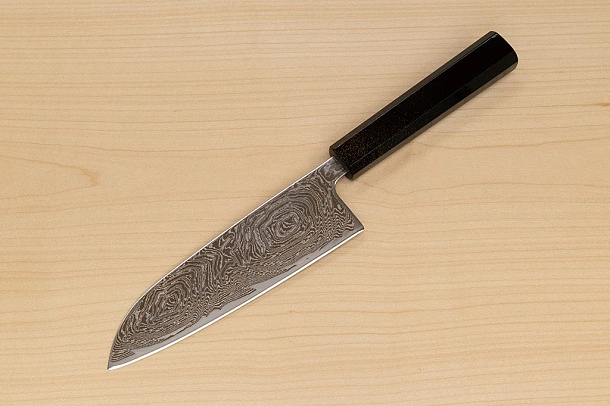 Hokiyama Sakon Bokusui AUS10 ROU-Wave Damascus 165mm (6.5") Santoku knife with Gold Dust Urushi lacquered Magnolia Wood octagon handle Hokiyama Sakon Bokusui AUS10 ROU-Wave Damascus 165mm (6.5") Santoku knife with Gold Dust Urushi lacquered Magnolia Wood octagon handle