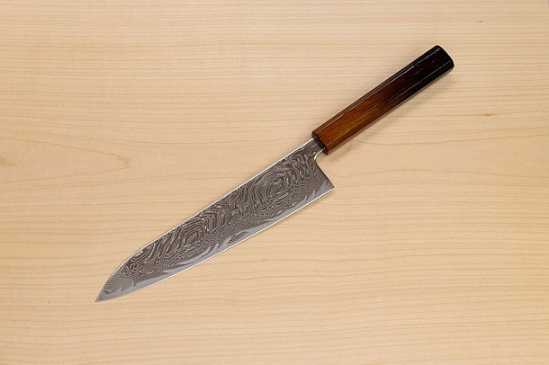 Hokiyama Sakon Bokusui AUS10 ROU-Wave Damascus 210mm (8.3") Gyuto knife with Burnt pattern Urushi lacquered Magnolia Wood octagon handle