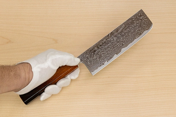 Hokiyama Sakon Bokusui AUS10 ROU-Wave Damascus 165mm (6.5") Nakiri knife with Burnt pattern Urushi lacquered Magnolia Wood octagon handle Hokiyama Sakon Bokusui AUS10 ROU-Wave Damascus 165mm (6.5") Nakiri knife with Burnt pattern Urushi lacquered Magnolia Wood octagon handle