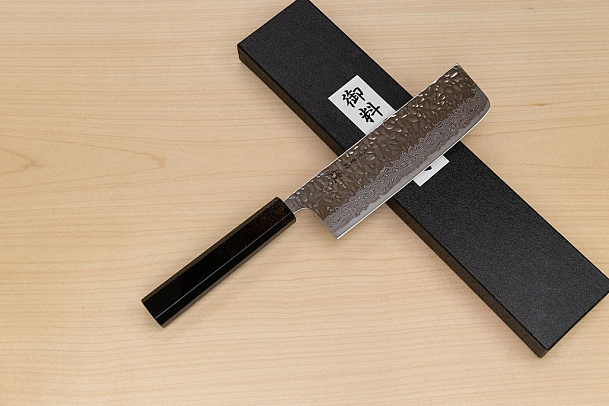 Hokiyama Sakon AUS10 Hammered shiny Damascus 165mm (6.5") Nakiri knife with Gold Dust Urushi lacquered Magnolia Wood octagon handle