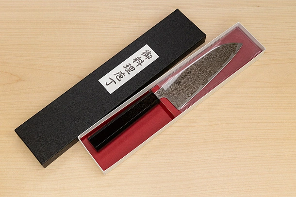 Hokiyama Sakon Bokusui AUS10 ROU-Wave Damascus 165mm (6.5") Santoku knife with Gold Dust Urushi lacquered Magnolia Wood octagon handle Hokiyama Sakon Bokusui AUS10 ROU-Wave Damascus 165mm (6.5") Santoku knife with Gold Dust Urushi lacquered Magnolia Wood octagon handle