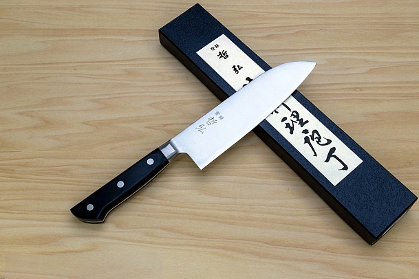 Tetsuhiro Blue Super Santoku knife 170mm (6.7") Black paper micarta